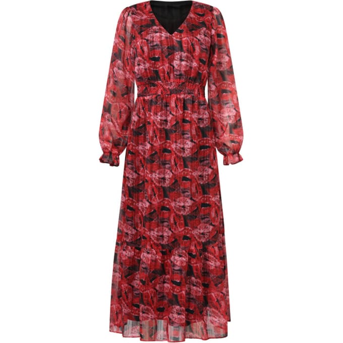 Smashed Lemon Lippenprint chiffon maxi jurk in rood en zwart |
