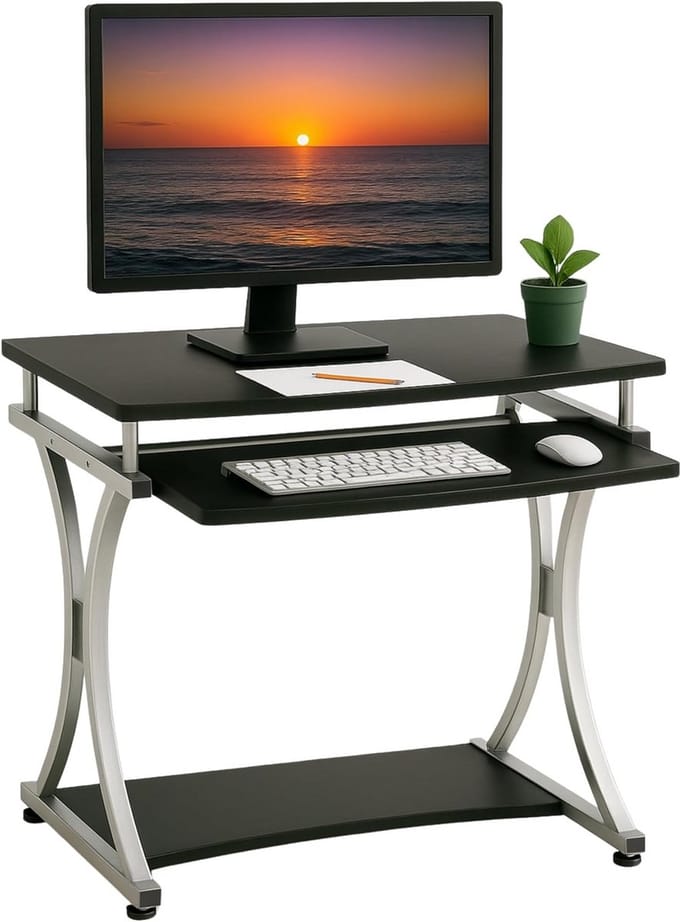 Compact computerbureau met uitschuifbaar toetsenbordblad, Zwart