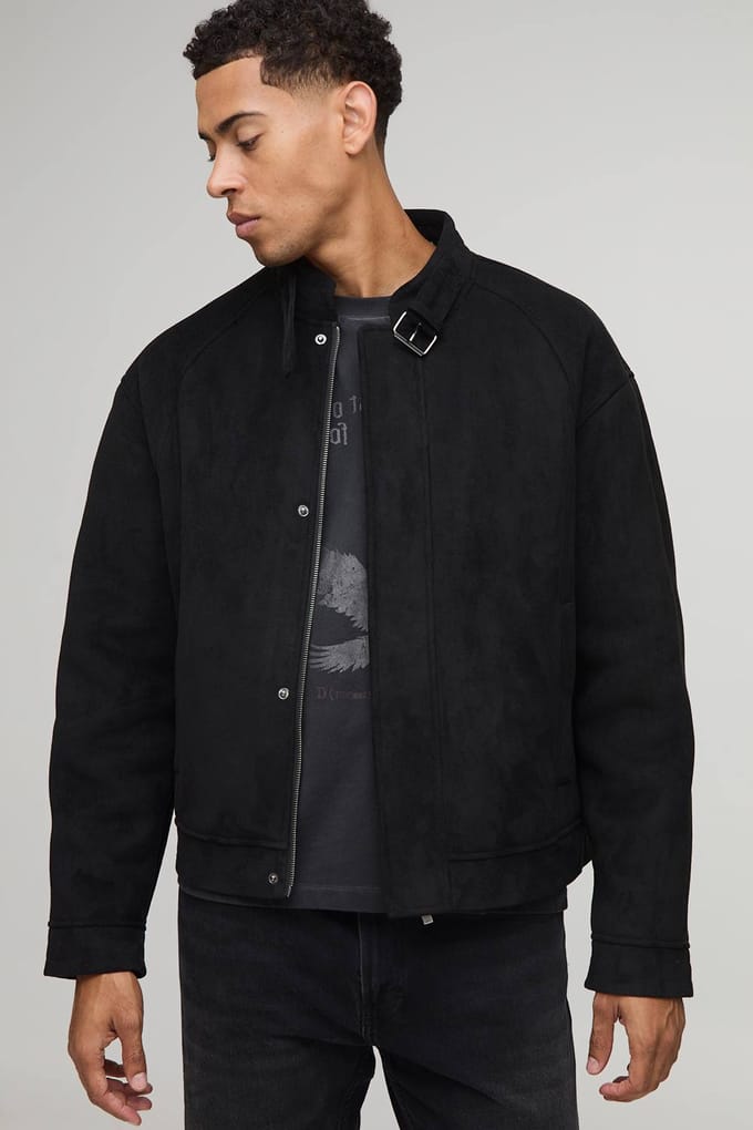Regular Fit Faux Suede Buckle Collar Biker Jacket | Black | Size Small