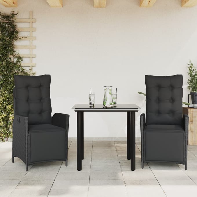 vidaXL - 3-delige - Tuinset - met - kussens - poly - rattan - zwart
