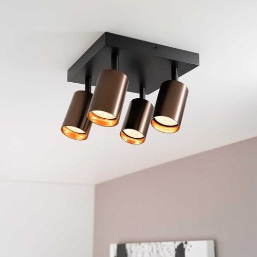 Taurus bronzo II II by LUSENZ - Vierkante 4-lichts plafondspot met kantelbare geborstelde bronzen spots en matzwarte basis