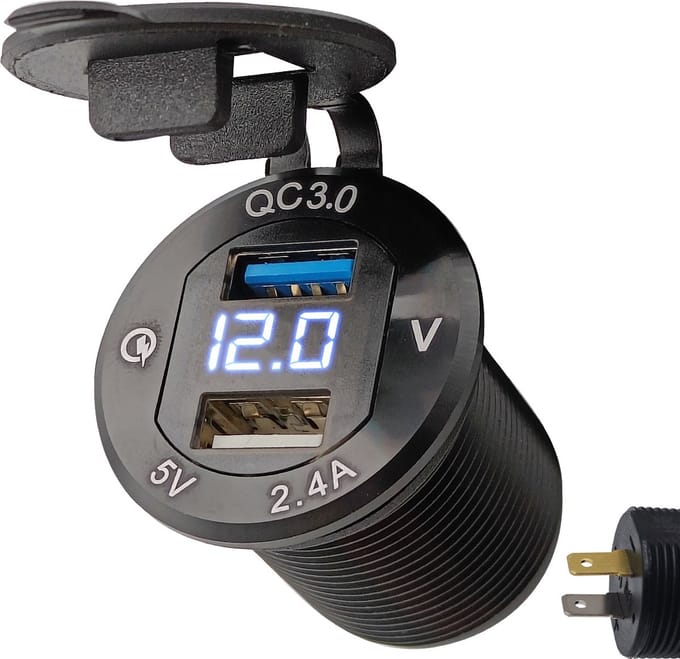 ProRide 12V USB Autolader 2 Poorten Inbouw met Voltmeter - 5V/2.4A - DS2114B - USB Stopcontact, Boot en Camper - Blauw