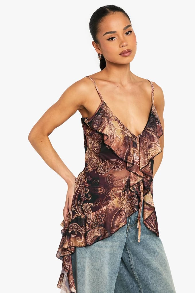 boohoo Dames Mesh Frill Detail Cami Top | Orange | Maat: 8
