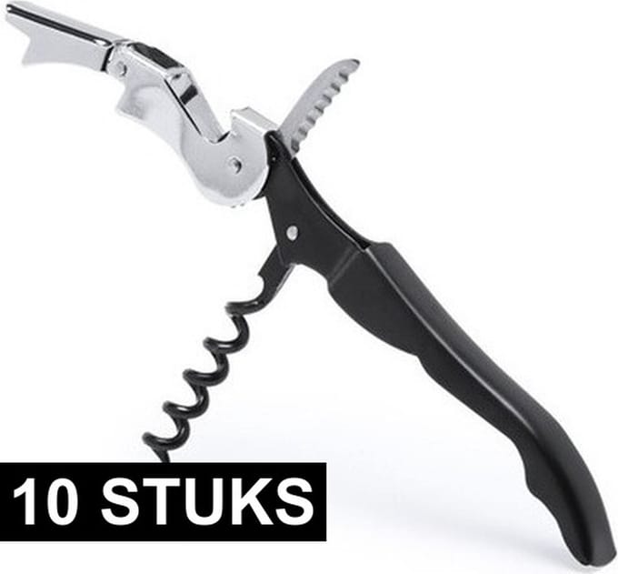 Kurkentrekker 3-in-1 - 10x - rvs metaal - zwart/zilver - 12 cm - wijnflessen