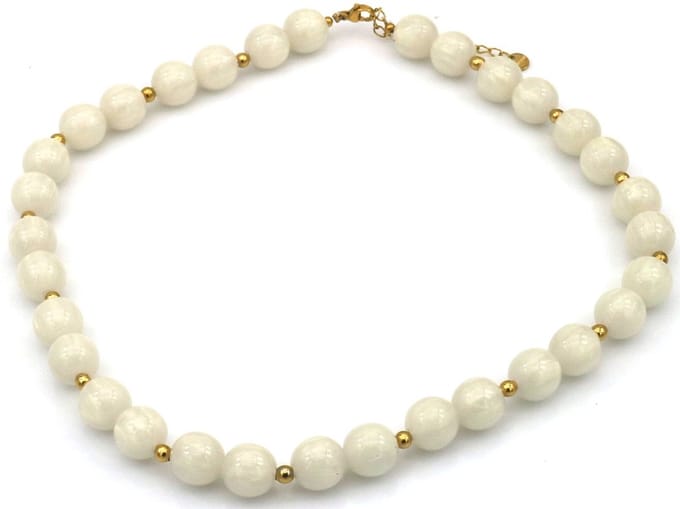 Ketting - RVS - kralen 10 mm - wit - 40-45 cm