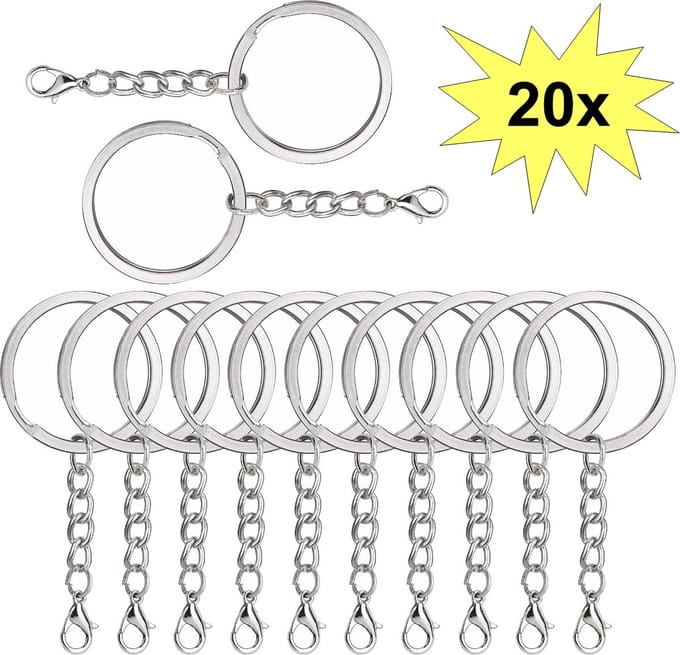 Fako Bijoux - Sleutelringen Met Karabijnsluiting - Sleutelhanger Ringen - Splitringen Met Ketting - RVS - Plat - 30 mm - 20 Stuks