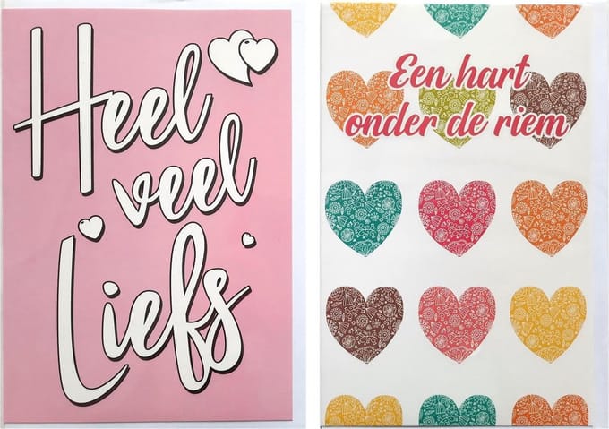 2 Wenskaarten - Een hart onder de riem – Heel veel Liefs – 12 x 17 cm