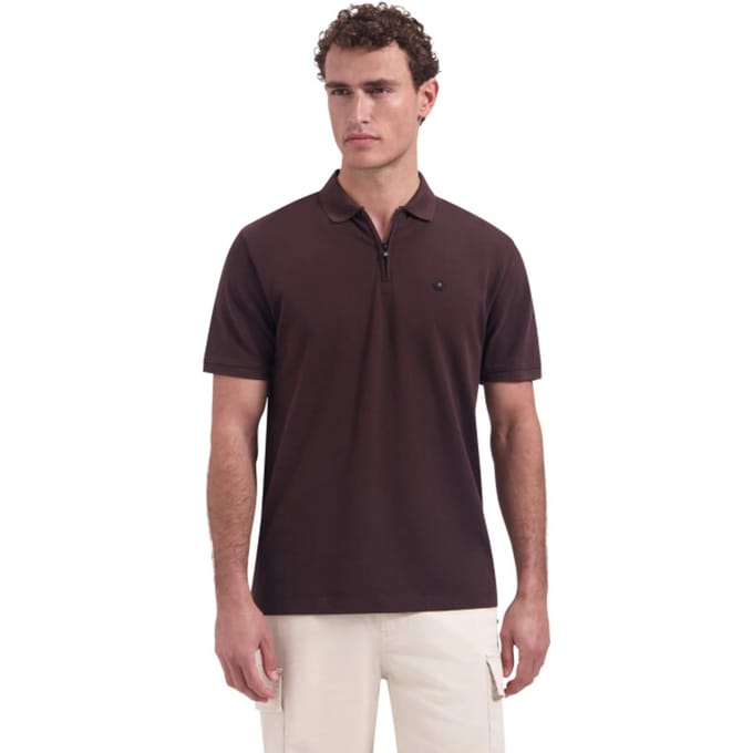 No Excess Polo short sleeve zip garment dyed dark brown