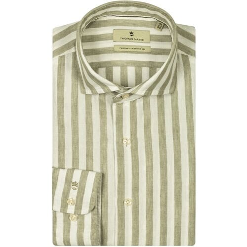 Thomas Maine Overhemd Roma Modern Kent Wide Stripes Linnen Olive / male