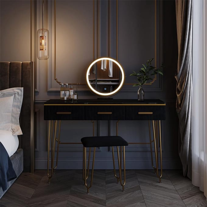 Make-up Tafel met LED Spiegel en Kruk Zwart