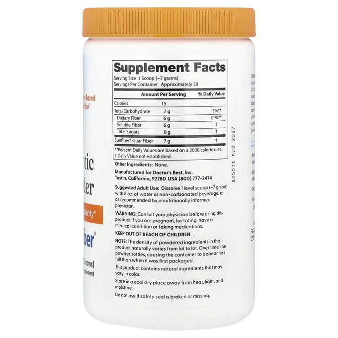 Doctor's Best, Prebioticapoeder, Sunfiber®, Zonder smaak, 210 gram (210 g)