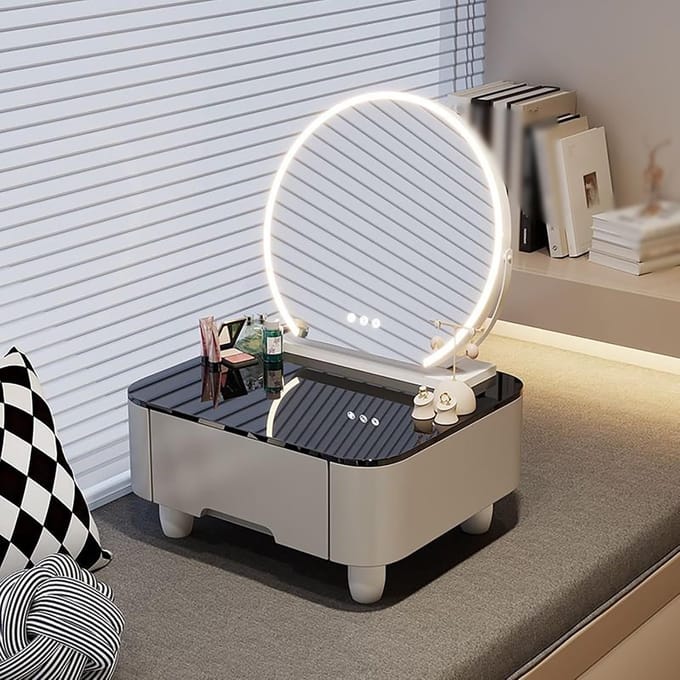 Kaptafel met Spiegel - Make-up Tafel - Slaapkamer Inrichting - Verstelbare Lichten - 70cm Breed - Grijs