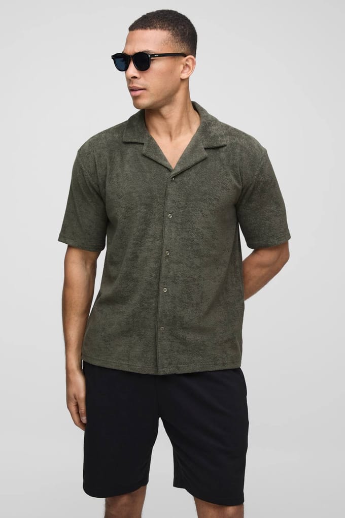 Oversized Revere Towelling Shirt | Khaki | Size Medium