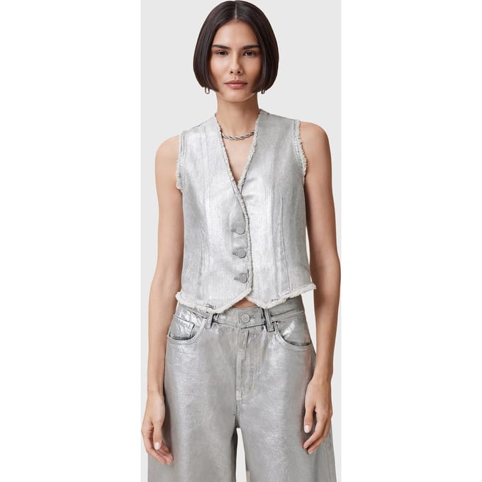 AllSaints Andrea Waistcoat Metallic Silver Größe: 4 | Gilets Outlet | Damen | Grau
