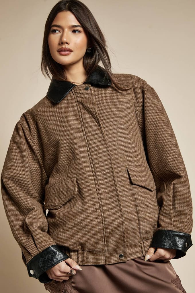 boohoo Dames Oversized Check Wool Look Bomber Jacket | Brown | Maat: 8