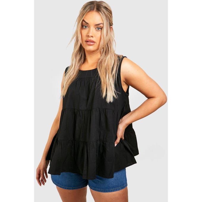 boohoo Dames Plus Tiered Poplin Smock Top | Zwart | Maat: 44