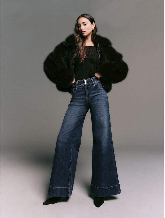 Next - Dames - Petite jeans met hoge taille, stretch en wijde pijpen - Petite - Blauw