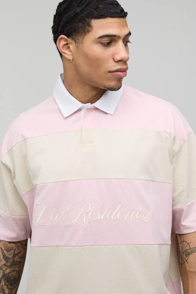 Oversized La Residence Geborduurd Gestreept Rugby Polo | Pink | Size 3XL