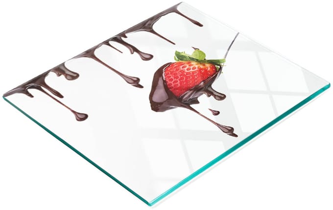 Keukenplank van gehard glas met aardbeien-chocolademotief, 60x52 cm