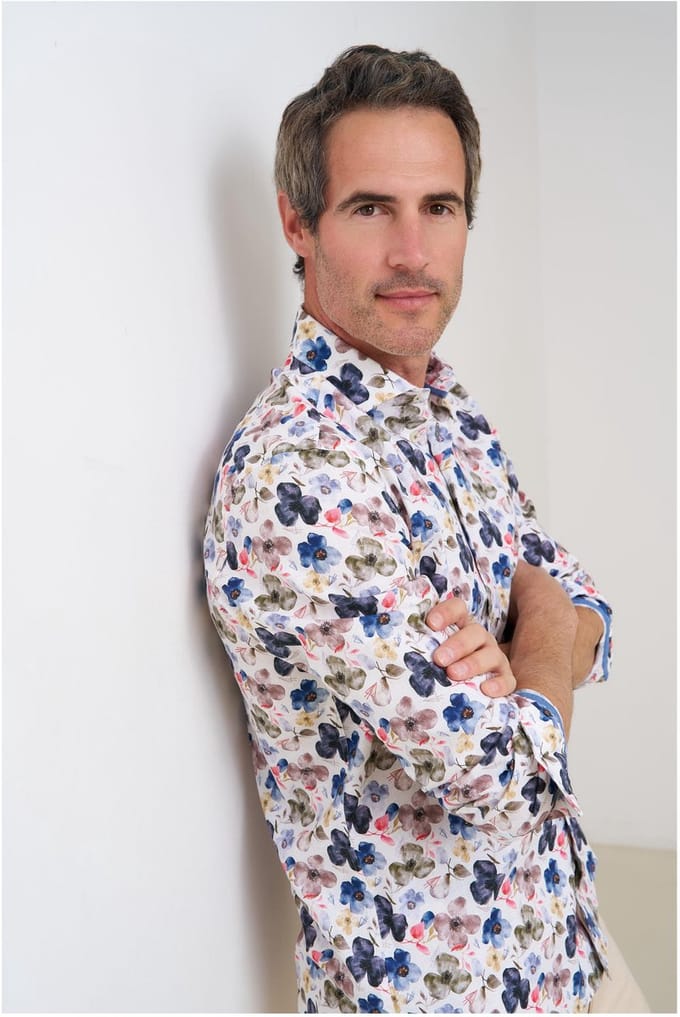 R2 Overhemd Linnen Blend Flowers Multicolour - Maat M - Heren