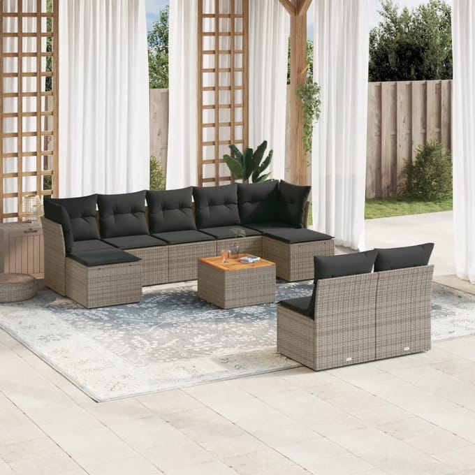 vidaXL - 10-delige - Loungeset - met - kussens - poly - rattan - grijs