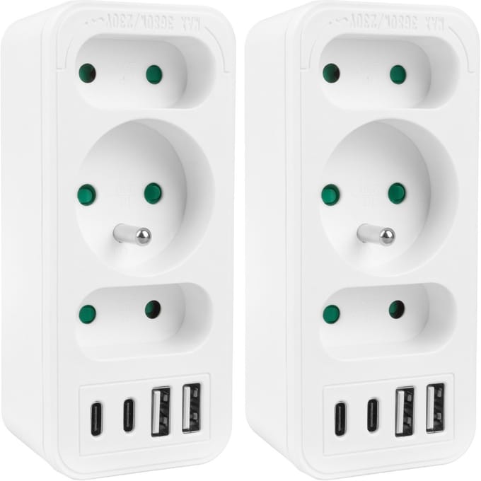 Maclean MCE248 F/W - Set van 2 stuks Stekker - 3-voudige splitter 2x USB-A 2x USB-C - Wit