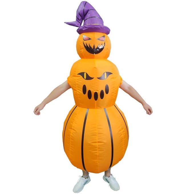 Paars-gehoedde Pompoenman Opblaasbaar Kostuum 150-190cm oranje