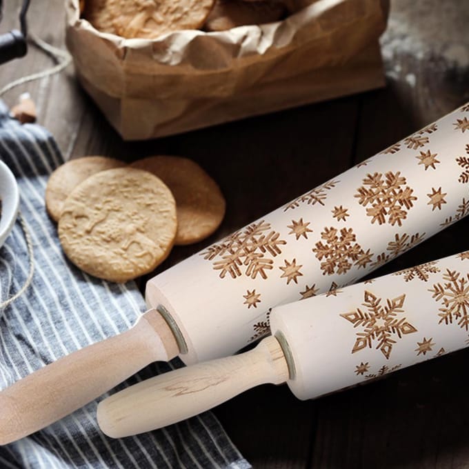 Rouleaux à pâtisserie en bois de Noël gravés en relief avec motif flocon de neige, outil de cuisson white