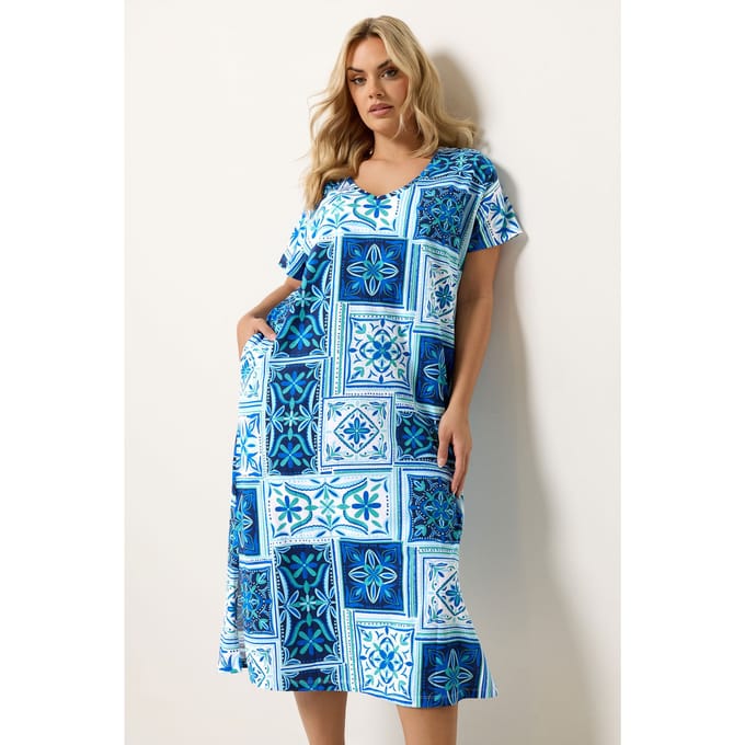 Yours Blauwe Midijurk Met Tegelprint Size 42