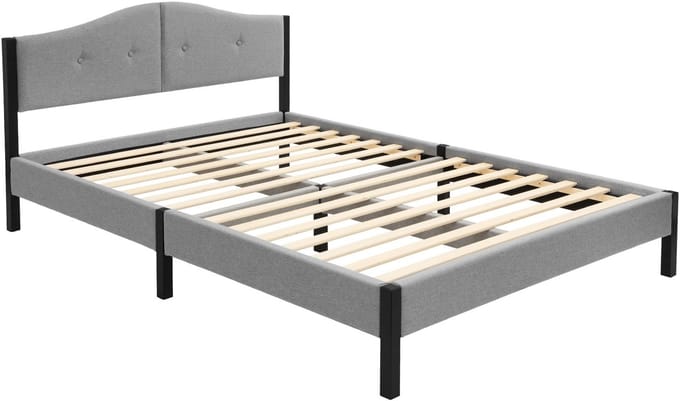 ML-Design Gestoffeerd bed 140x200 cm tweepersoonsbed, stabiel bedframe serie, linnen bedombouw met gecapitonneerd hoofdbord en lattenbodem, modern linnenbed met stevig stalen frame en houten poten, comfortabel grijs tweepersoonsbed voor slaapkamer