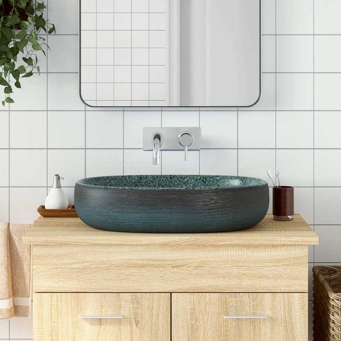 vidaXL - Opzetwasbak - ovaal - 59x40x14 - cm - keramiek - turquoise