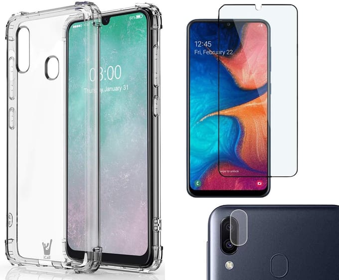 Hoesje geschikt voor Samsung Galaxy A20e - Transparant Shock Proof Case + Screenprotector Full + Camera Protector