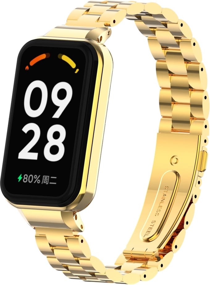 Strap-it Stalen schakel Activity tracker bandje - Geschikt voor Xiaomi Redmi Smart Band 2 / Xiaomi Smart Band 8 Active - goud