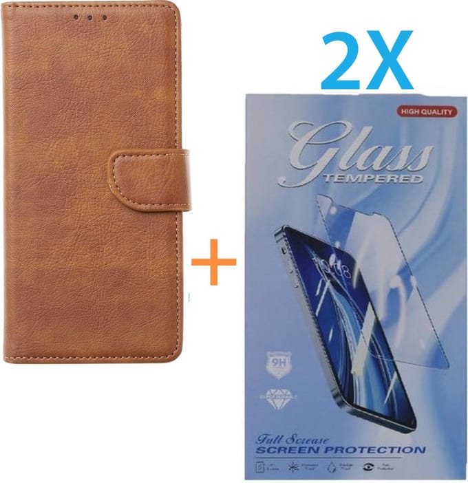 Bookcase Geschikt voor: Apple iPhone 15 Plus - Lichtbruin - portemonnee hoesje - + 2X Tempered Glass Screenprotector
