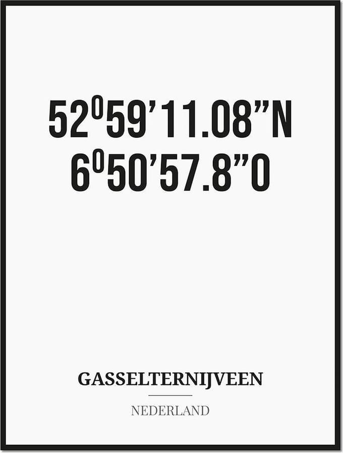 Poster/kaart GASSELTERNIJVEEN met coördinaten