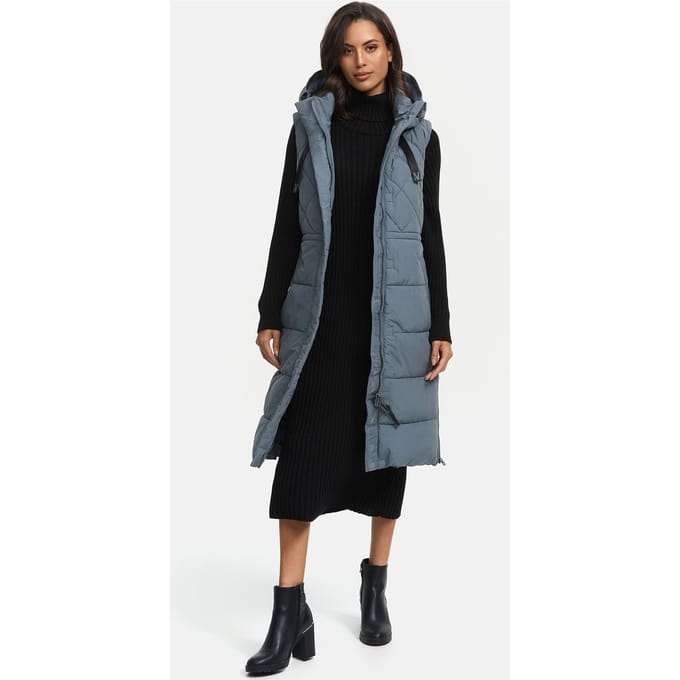 Marikoo lange gewatteerde damesbodywarmer met capuchon – Narikaa