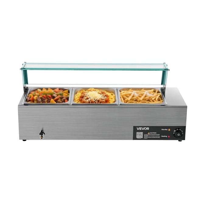 Commerciële Voedselwarmer 3-bak 1500W Buffet Bain Marie met Glazen Deksel