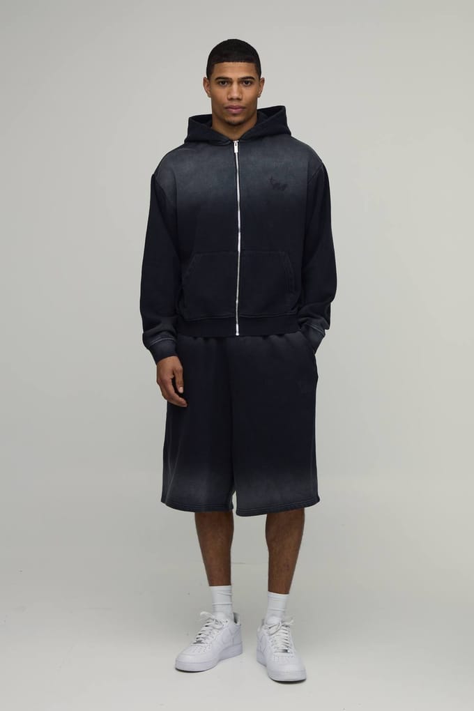 Oversized Boxy Ombre Wash M Ster Ritssluiting Hooded Jort Trainingspak | Black | Size Medium
