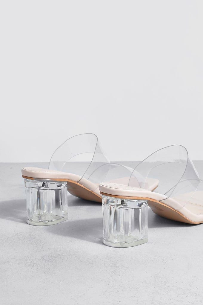 boohoo Dames Clear Double Strap Low Block Mule | Nude | Maat: 41