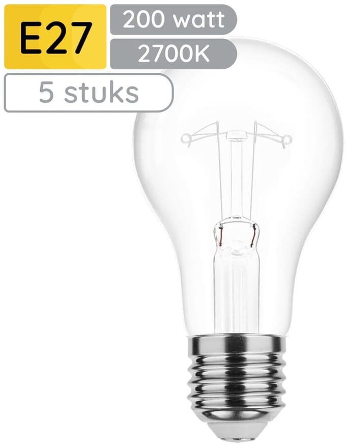 Technik E27 Wolfraam-Gloeilamp Dimbaar 200W - 2700K - Warm Wit - Gloeilamp Globe A70 - 5 stuks