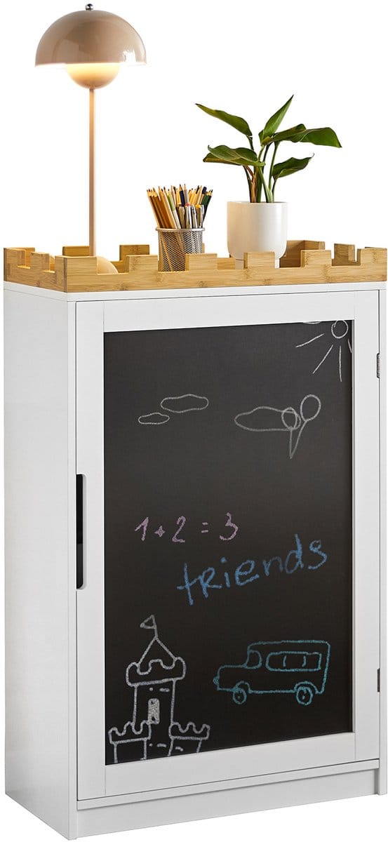 SoBuy KMB43-W Kindercommode - Witte Opbergplank met Schoolbord & Speelgoedkist