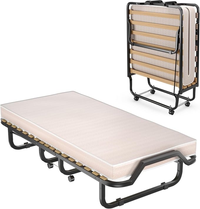 Inklapbaar Gastenbed 90x200 cm met Traagschuimmatras - Opklapbed met Wielen