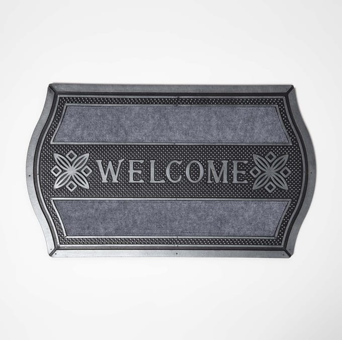 Homescapes gebogen deurmat “Welcome” 45 x 75 cm – antislip, zilvergrijs