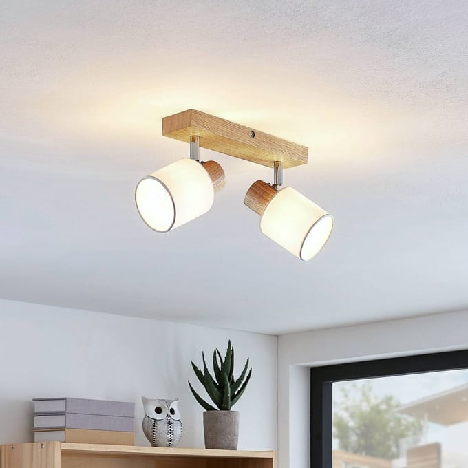 Lindby - buitenspot - 2lichts - Hout, stof - H: 18 cm - E14 - licht hout, wit