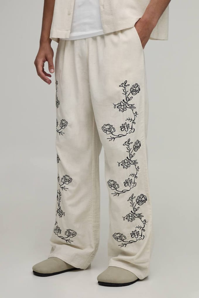 Wijde Linnen Blend Broek Met Geborduurd Naaddetail | Natural | Size Medium