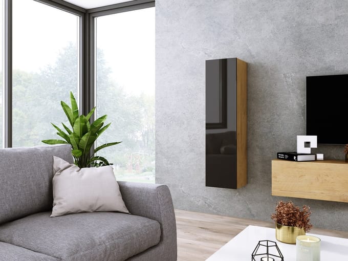 Meubel Square - Kast SILVER - Eiken / Hoogglans Zwart - 120cm - Vitrinekast dicht