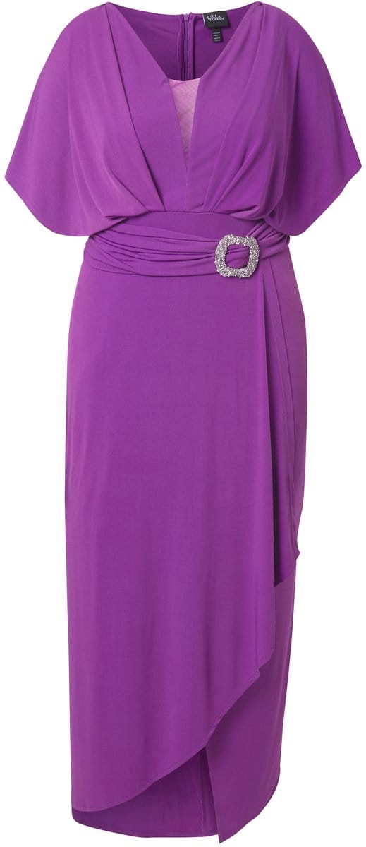 Ulla Popken - Dames - Maxi-jurk sierriem V-hals korte mouwen - Bes - Maat 54