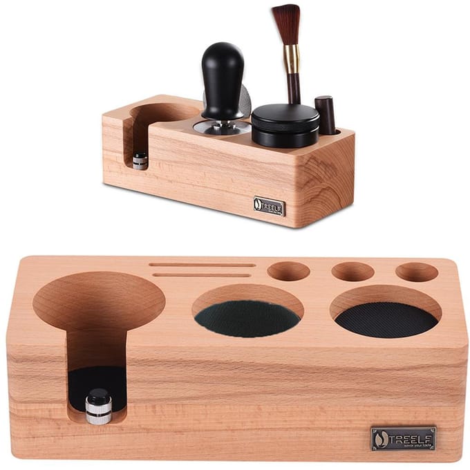 TREELF Station de bourrage à expresso adaptée aux accessoires à expresso de 58mm, boîte en bois de hêtre réglable 54mm marron