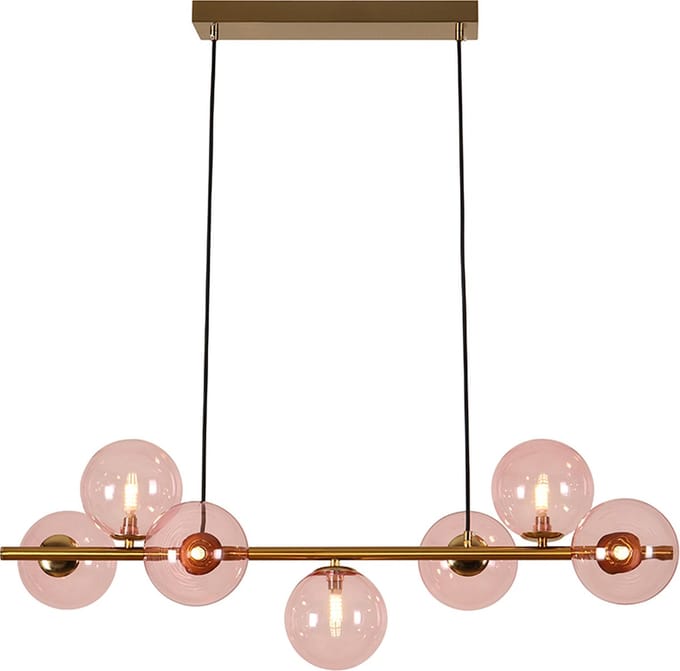 Olucia - REMO - Hanglamp - Roze / Messing - 7L - Vorm: Rechthoek
