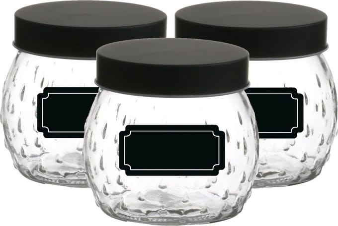 Voorraadpot/bewaarpot Mora - 6x - 1L - glas - zwart - incl. etiketten